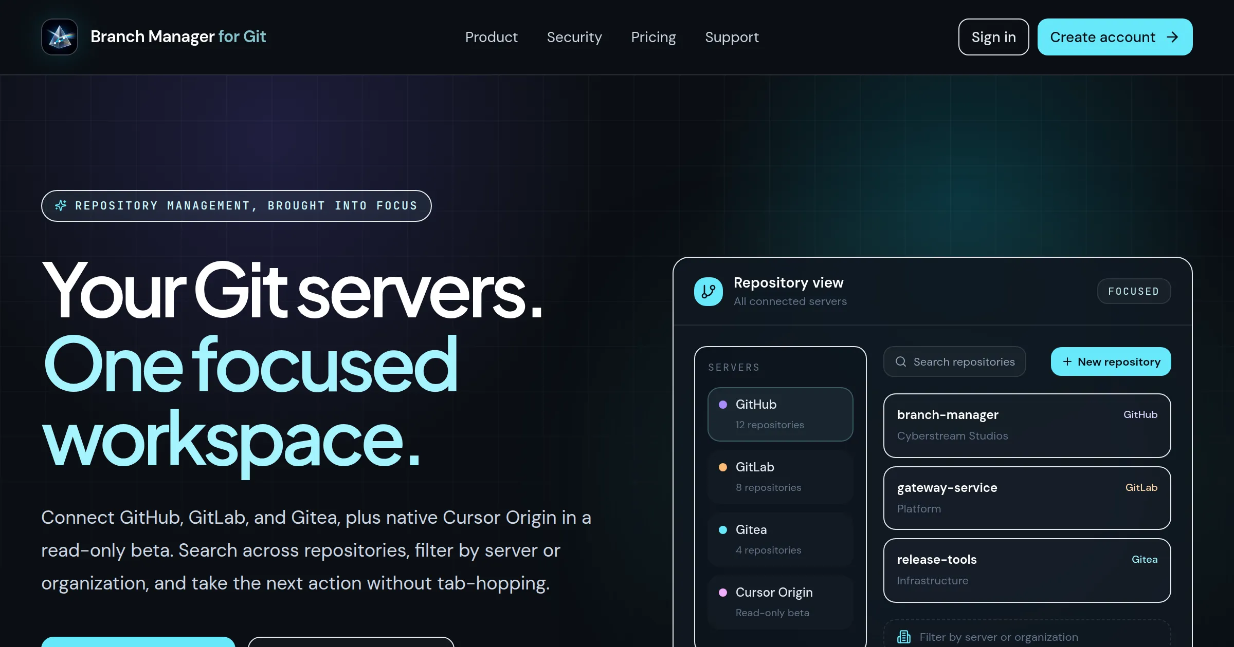 Branch Manager home page: Your Git servers. One focused workspace.