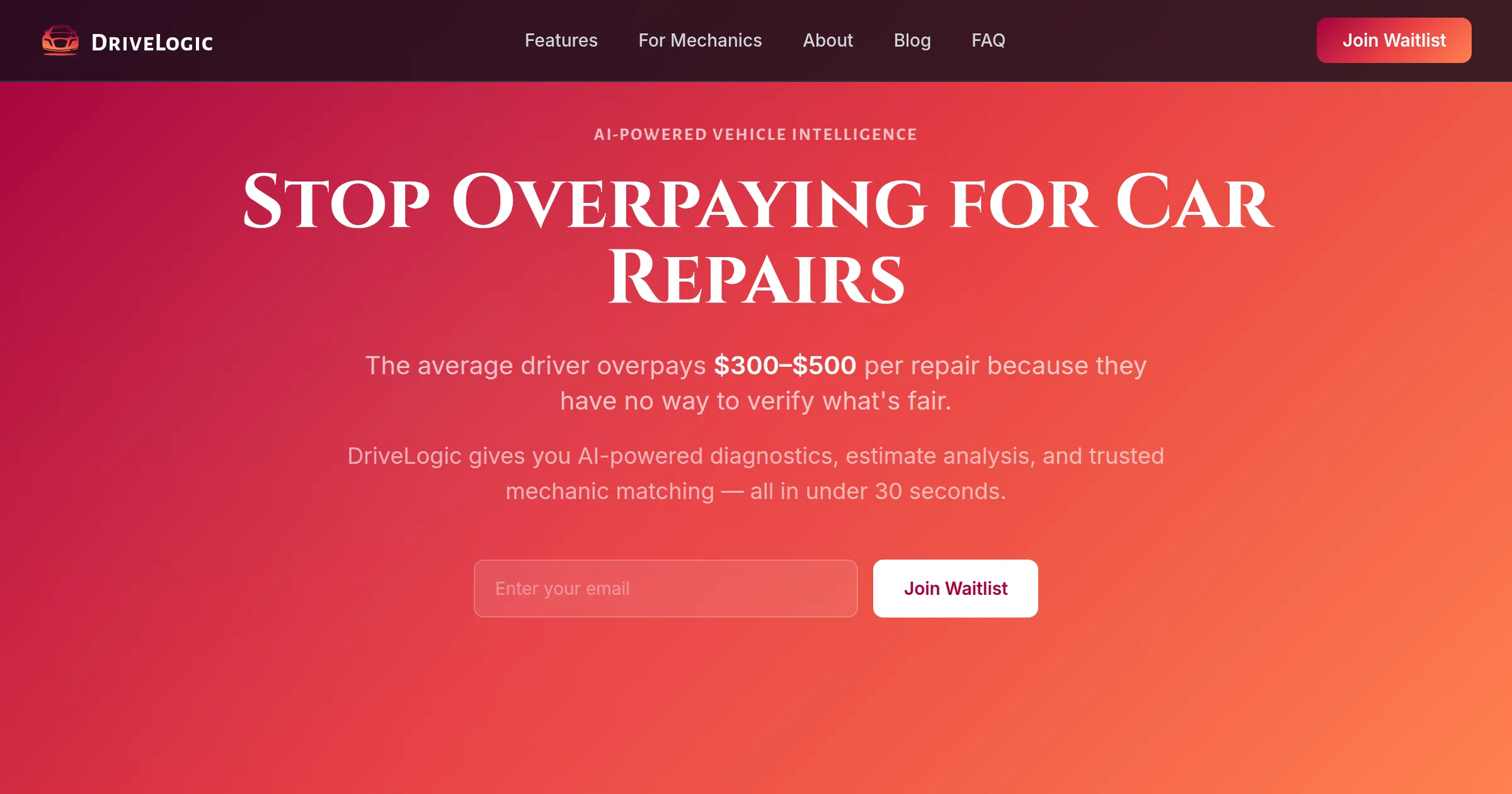 DriveLogic home page: Stop overpaying for car repairs