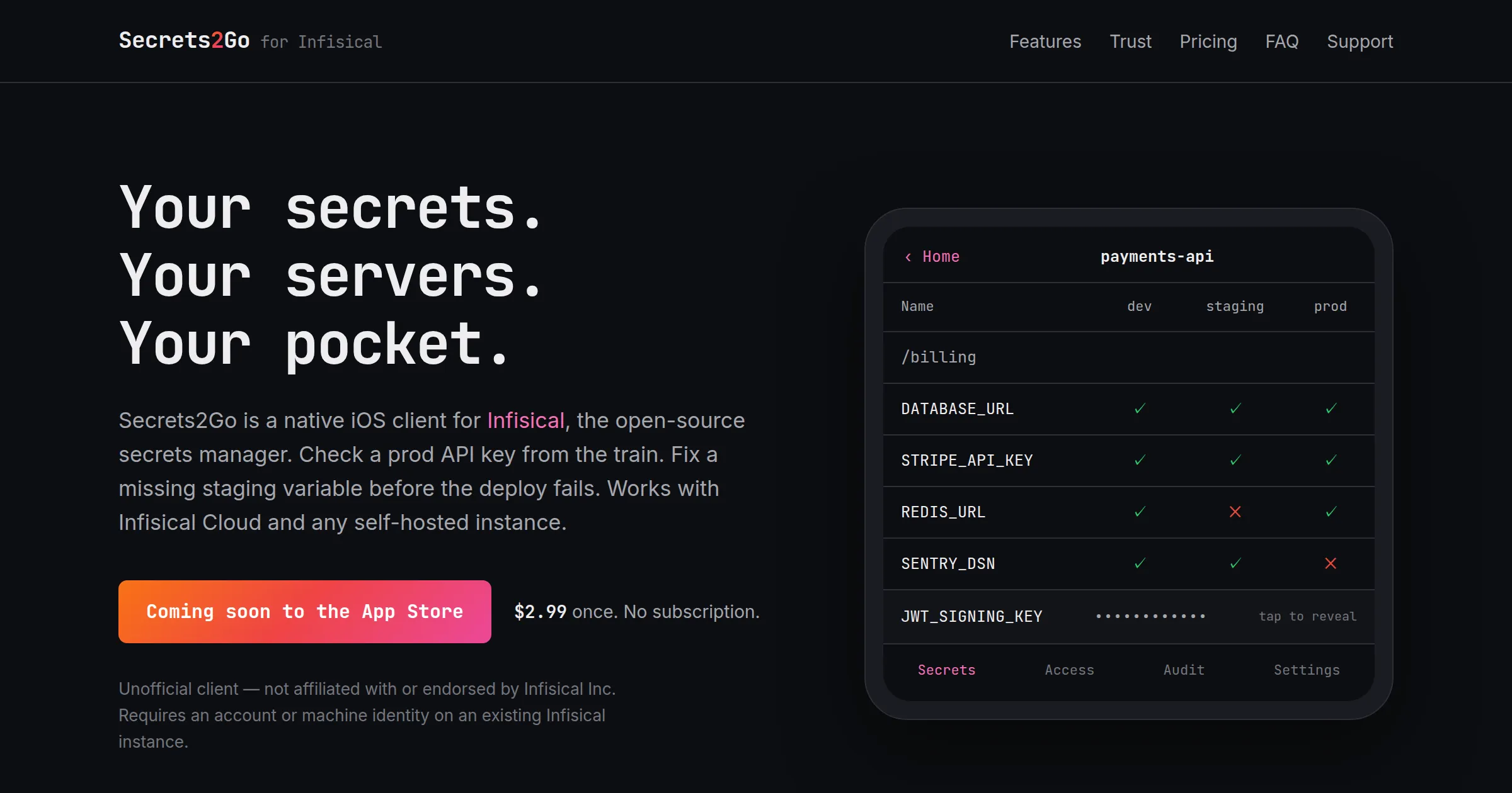 Secrets2Go home page with a phone showing secrets for dev, staging and prod