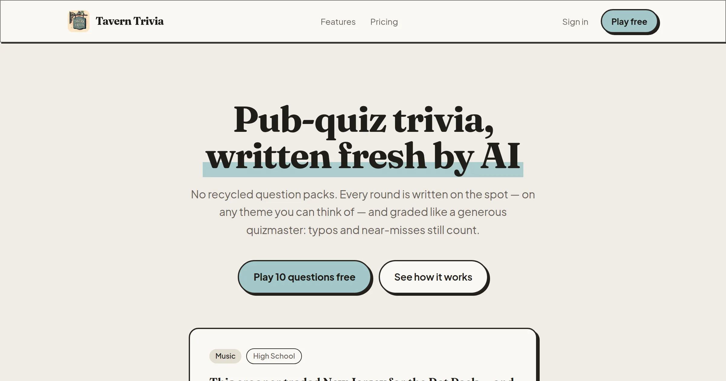 Tavern Trivia home page: Pub-quiz trivia, written fresh by AI